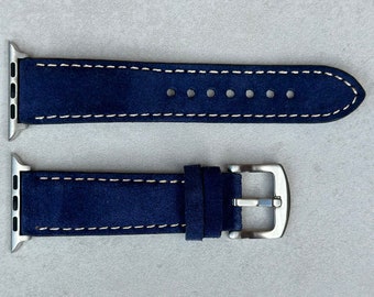 Handmade Apple Watch Band, Smart Watch Strap, Padded Blue Suede, 38mm, 40mm, 41mm, 42mm, 44mm, 45mm Series 3, 4, 5, 6, 7, 8, 10 Ultra, SE
