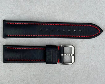 Jet Black Sail Cloth Watch Strap, Contrast Red Stitching, Padded, Leather Backed, Quick Release, 20mm, 22mm