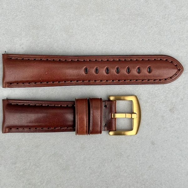 Chestnut Brown Vegetable Tanned Full Grain Leather Watch Strap, Padded Leather Strap, Gold Buckle, 18mm, 20mm, 22mm, 24mm, Quick Release