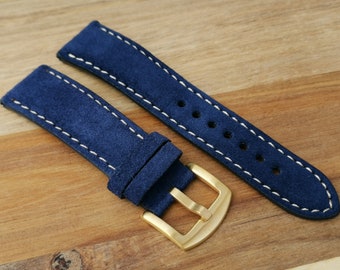 Handmade Suede Watch Strap, Navy Blue Padded Watch Band, Gold Buckle, 18mm, 20mm, 22mm, 24mm Quick Release, Gift for Him