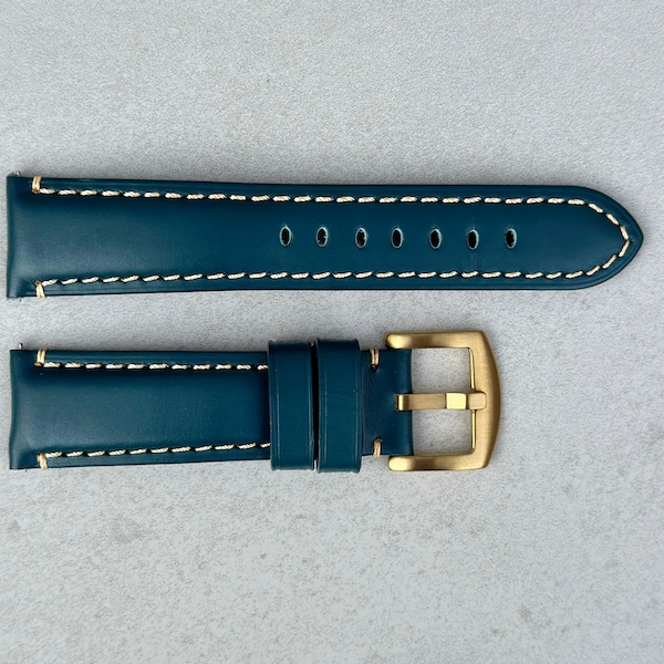 Petrol Blue Full Grain Leather Watch Strap, Quick Release, Padded, Contrast Stitching, Gold Buckle, 18mm, 20mm, 22mm, 24mm, Gift for Him