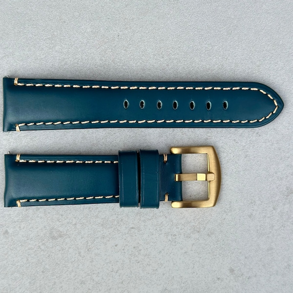 Petrol Blau Vollrindleder Uhrenarmband, Schnellverschluss, gepolstert, Kontrastnähte, goldene Schnalle, 18mm, 20mm, 22mm, 24mm, Geschenk für Ihn