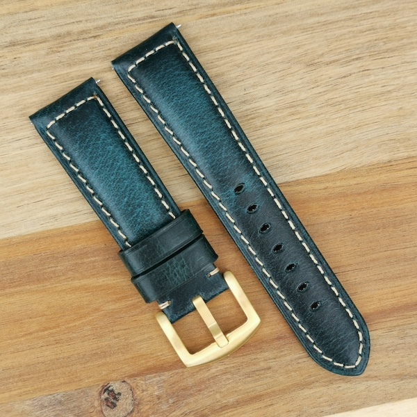 18 mm 20 mm 22 mm 24 mm Premium hecho a mano acolchado azul correa de reloj de cuero de grano completo hebilla dorada, costuras de contraste, liberación rápida