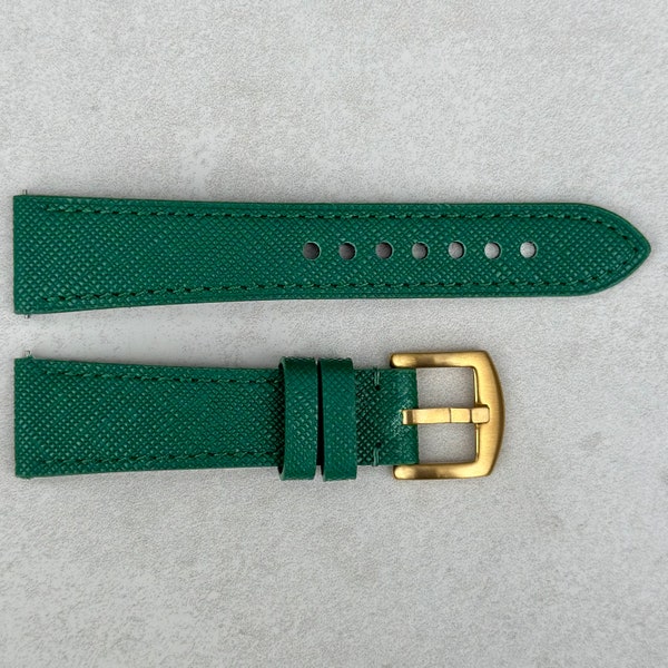 Emerald Green Saffiano Leather Watch Strap, Full Grain Leather Quick Release Pins, Gold Buckle, 18mm, 20mm, 22mm, 24mm, Gift for Him