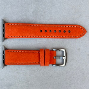 Handmade Apple Watch Band, Smart Watch Strap, Padded Orange Suede, 38mm, 40mm, 41mm, 42mm, 44mm, 45mm Series 3, 4, 5, 6, 7, 8, 10 ultra