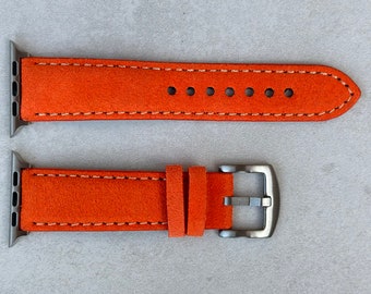 Handmade Apple Watch Band, Smart Watch Strap, Padded Orange Suede Suede, 38mm, 40mm, 41mm, 42mm, 44mm, 45mm Series 3, 4, 5, 6, 7, 8, ultra