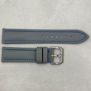 Grey Sail Cloth Watch Strap, Contrast Blue Stitching, Padded, Leather Backed, Quick Release, 19mm, 20mm, 21mm, 22mm