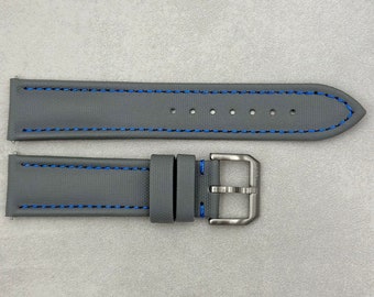 Correa de reloj de tela gris, costuras azules en contraste, acolchada, con reverso de cuero, cierre rápido, 19 mm, 20 mm, 21 mm, 22 mm