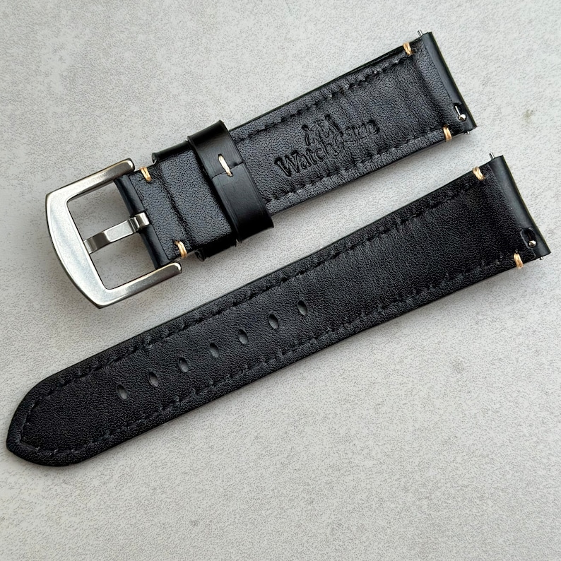 Rear of the Oslo black full grain leather watch strap. Watch And Strap logo debossed into the rear of the strap. Quick release pins.