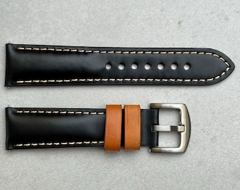 Handmade Premium Soft Calf Full Grain Leather Watch Strap / Band Two Tone Black and Tan Quick Release 18mm 20mm 22mm 24mm