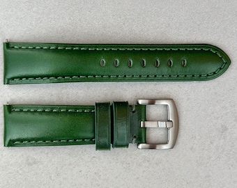 Racing Green Vegetable Tanned Full Grain Leather Watch Strap, Padded Leather Strap, 18mm, 20mm, 22mm, 24mm, Quick Release, Gift For Him