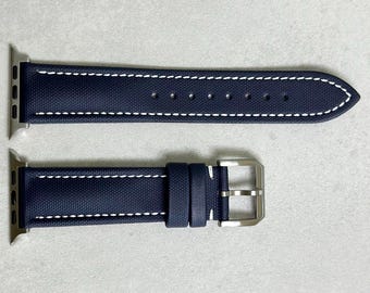 Navy Blue Sail Cloth Apple Watch Strap, Contrast White Stitching, Padded, Series 8, Series 9, Series 10, SE and Ultra.