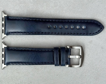 Luxury Full Grain Leather Blue Watch Band for the Apple Watch.  Strap Compatible with Series 3, 4, 5, 6, 7, 8, 9, 10, SE, Ultra, Ultra 2.