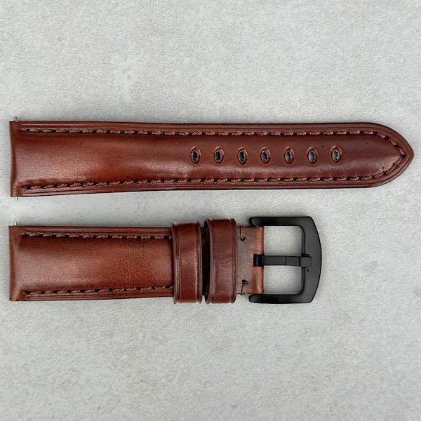 Chestnut Brown Vegetable Tanned Full Grain Leather Watch Strap, Padded Leather Strap, Black Buckle, 18mm, 20mm, 22mm, 24mm, Quick Release