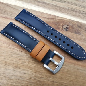 Blue and Tan Premium Padded Full Grain Calf Leather Watch Strap / Band 18mm 20mm 22mm 24mm