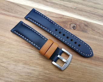 Blue and Tan Premium Padded Full Grain Calf Leather Watch Strap / Band 18mm 20mm 22mm 24mm
