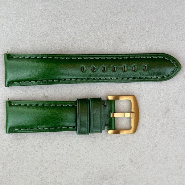 Racing Green Vegetable Tanned Full Grain Leather Watch Strap, Padded Leather Strap, Gold Buckle, 18mm, 20mm, 22mm, 24mm, Quick Release