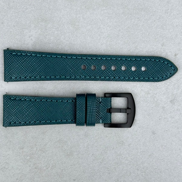 Dark Teal Blue Saffiano Leather Watch Strap, Full Grain Leather Quick Release Pins, Black Buckle, 18mm, 20mm, 22mm, 24mm, Gift for Him