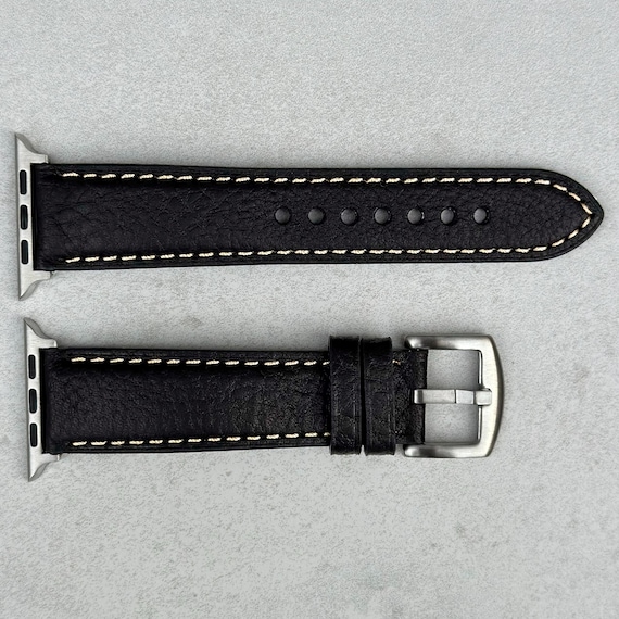 Handmade Black Apple Watch Strap, Full Grain Italian Leather, Padded Band. Series 3, 4, 5, 6, 7, 8, 9, 10, SE, Ultra, Ultra 2 Compatible.