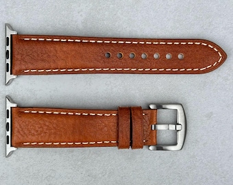 Handmade Tan Apple Watch Strap, Full Grain Italian Leather, Padded Band. Series 3, 4, 5, 6, 7, 8, 9, 10, SE, Ultra, Ultra 2 Compatible.