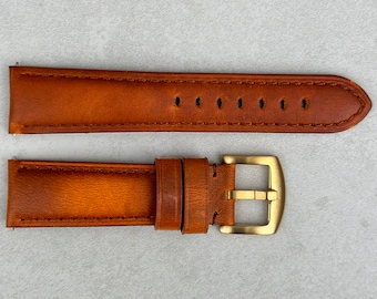 Vintage Cognac Vegetable Tanned Full Grain Leather Watch Strap, Padded Leather Strap, Gold Buckle, 18mm, 20mm, 22mm, 24mm, Quick Release