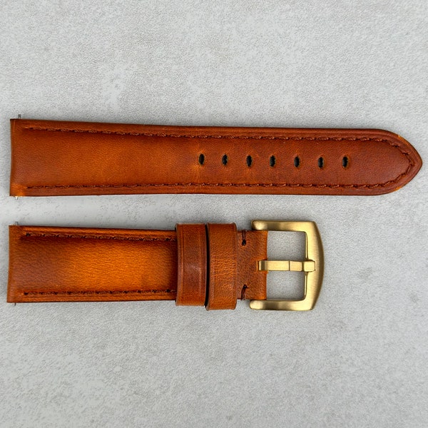 Vintage Cognac Vegetable Tanned Full Grain Leather Watch Strap, Padded Leather Strap, Gold Buckle, 18mm, 20mm, 22mm, 24mm, Quick Release