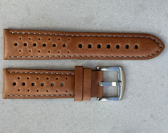 Vintage Tan Perforated Full Grain Leather Rally Watch Strap Quick Release 18mm 20mm 22mm 24mm