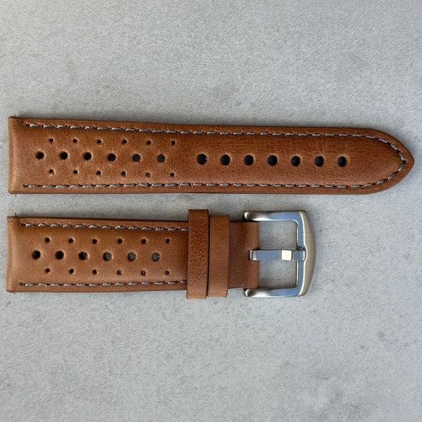 Vintage Tan Perforated Full Grain Leather Rally Watch Strap Quick Release 18mm 20mm 22mm 24mm