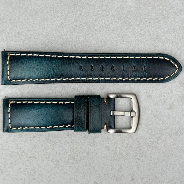 Cracked Blue Handmade Premium Padded Leather Watch Strap / Band With Contrast Stitching Quick Release 18mm 19mm 20mm 21mm 22mm 24mm