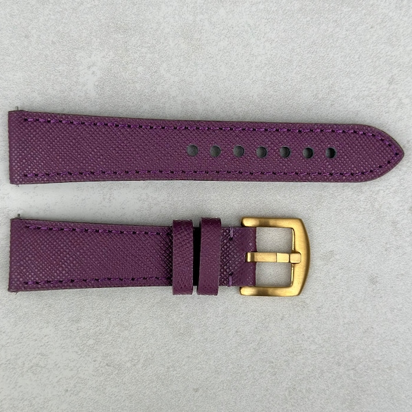 Royal Purple Saffiano Leather Watch Strap, Full Grain Leather Quick Release Pins, Gold Buckle, 18mm, 20mm, 22mm, 24mm, Gift for Him