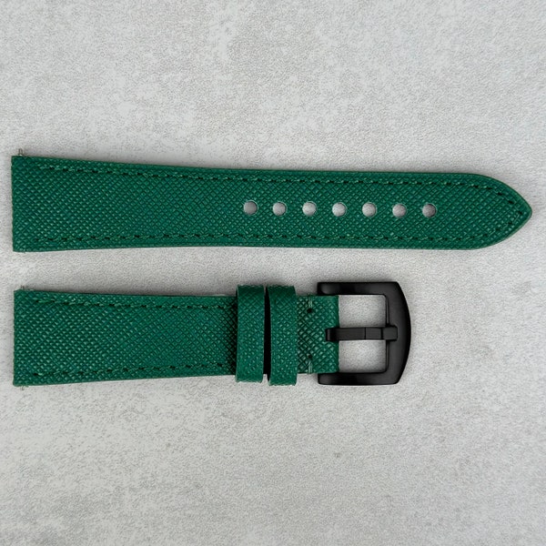 Emerald Green Saffiano Leather Watch Strap, Full Grain Leather Quick Release Pins, Black Buckle, 18mm, 20mm, 22mm, 24mm, Gift for Him