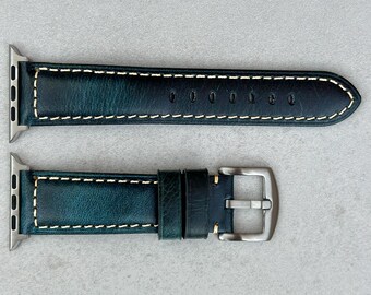 Handmade Apple Watch Band, Blue Leather Smart Watch Strap, 38mm, 40mm, 41mm, 42mm, 44mm, 45mm, Series 3, 4, 5, 6, 7, 8, 10 Ultra, SE