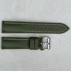 Khaki Green Sail Cloth Watch Strap, Contrast Grey Stitching, Padded, Leather Backed, Quick Release, 20mm, 22mm