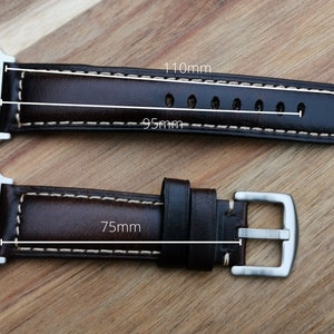 Sizing of the Berlin brown leather apple watch strap. The long part of the strap is 110mm long and 95mm to the last hole. The short side is 75mm.