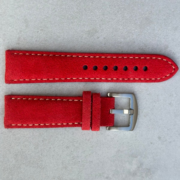 Handmade Suede Watch Strap, Ruby Red Padded Watch Band 18mm, 20mm, 22mm, 24mm Quick Release, Gift for Him