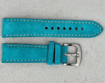 Handmade Suede Watch Strap, Turquoise Padded Watch Band 18mm, 20mm, 22mm, 24mm Quick Release, Great Gift