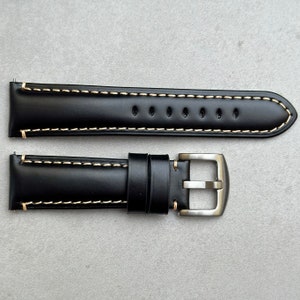 Black Full Grain Leather Watch Strap, Quick Release, Padded, Contrast Stitching, 18mm, 20mm, 22mm, 24mm, Gift for Him