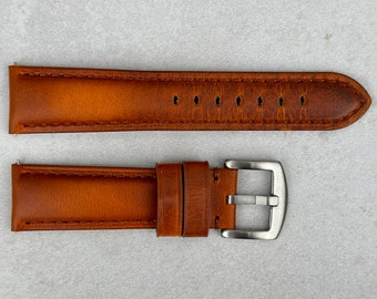 Vintage Cognac Vegetable Tanned Full Grain Leather Watch Strap, Padded Leather Strap, 18mm, 20mm, 22mm, 24mm, Quick Release, Gift For Him