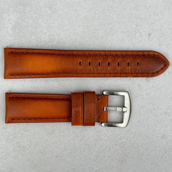 Vintage Cognac Vegetable Tanned Full Grain Leather Watch Strap, Padded Leather Strap, 18mm, 20mm, 22mm, 24mm, Quick Release, Gift For Him
