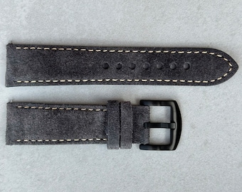 Bracelet de montre en daim fait à la main, bracelet de montre rembourré gris métallisé, boucle noire, 18 mm, 20 mm, 22 mm, 24 mm à dégagement rapide, cadeau pour lui