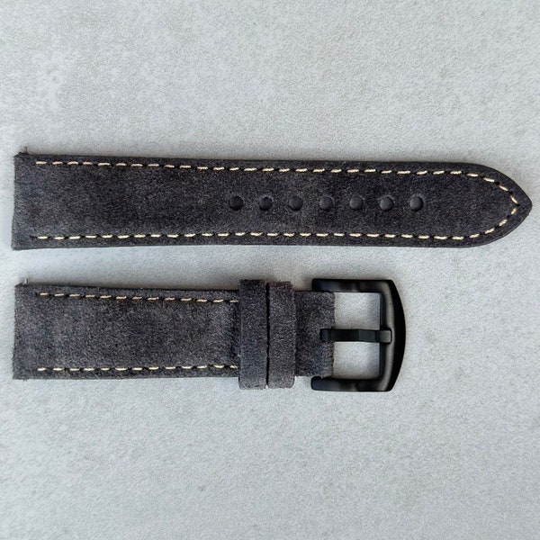 Bracelet de montre en daim fait à la main, bracelet de montre rembourré gris métallisé, boucle noire, 18 mm, 20 mm, 22 mm, 24 mm à dégagement rapide, cadeau pour lui