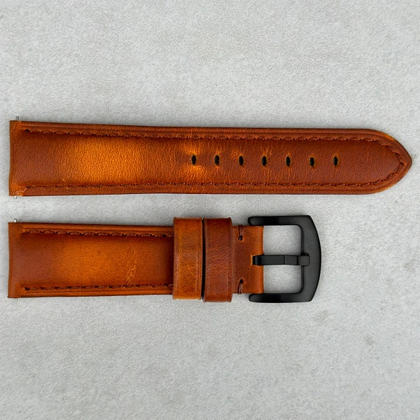 Vintage Cognac Vegetable Tanned Full Grain Leather Watch Strap, Padded Leather Strap, Black Buckle, 18mm, 20mm, 22mm, 24mm, Quick Release