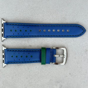 Blue and Green Racing Full Grain Leather Apple Watch Strap Padded Watch Band 38mm 40mm, 41mm, 42mm, 44mm, 45mm, Series 3, 4, 5, 6, 7, 10