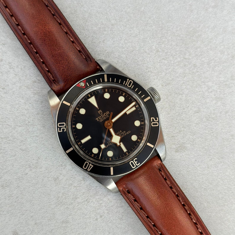 May include: A black dial wristwatch with a brown leather band. The watch face has white hands and markers, and the bezel is black with white numbers. The watch face also has the text "TUDOR GENEVE" and "50M - 165FT - OYSTER CERTIFIED".