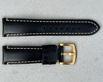 Black Full Grain Leather Watch Strap, Quick Release, Padded, Contrast Stitching, Gold Buckle, 18mm, 20mm, 22mm, 24mm, Gift for Him