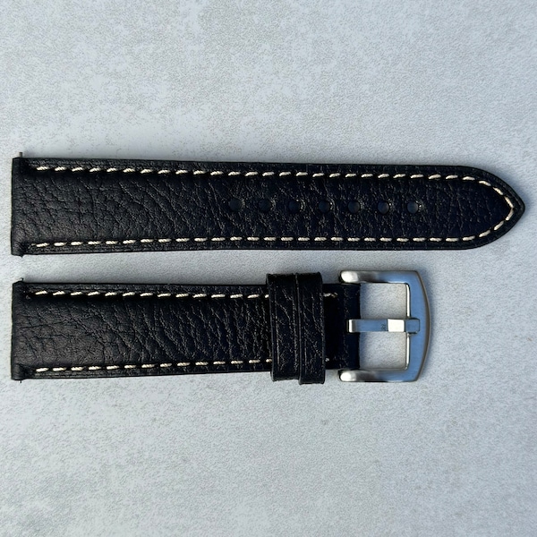 Handmade Onyx Black Italian Leather Watch Strap, Full Grain Leather, Padded, Quick Release, 18mm, 20mm, 22mm, 24mm