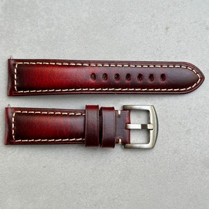 Cracked Burgundy Handmade Premium Padded Leather Watch Strap / Band With Contrast Stitching Quick Release 18mm 20mm 22mm 24mm 10% to Charity