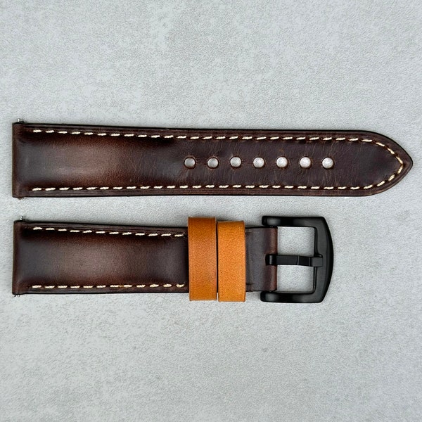 18mm, 20mm, 22mm, 24mm Handmade Calf Leather Watch Strap, Brown with black buckle, Quick Release Pins, Gift for Him, 10% To Charity