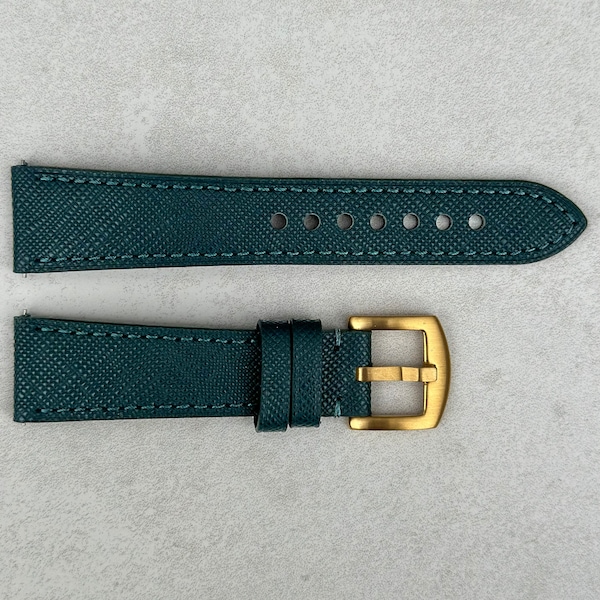 Dark Teal Blue Saffiano Leather Watch Strap, Full Grain Leather Quick Release Pins, Gold Buckle, 18mm, 20mm, 22mm, 24mm, Gift for Him