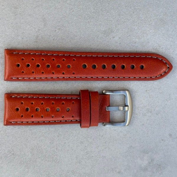 Russet Orange Vintage Perforated Full Grain Leather Rally Watch Strap Quick Release 18mm 20mm 22mm 24mm